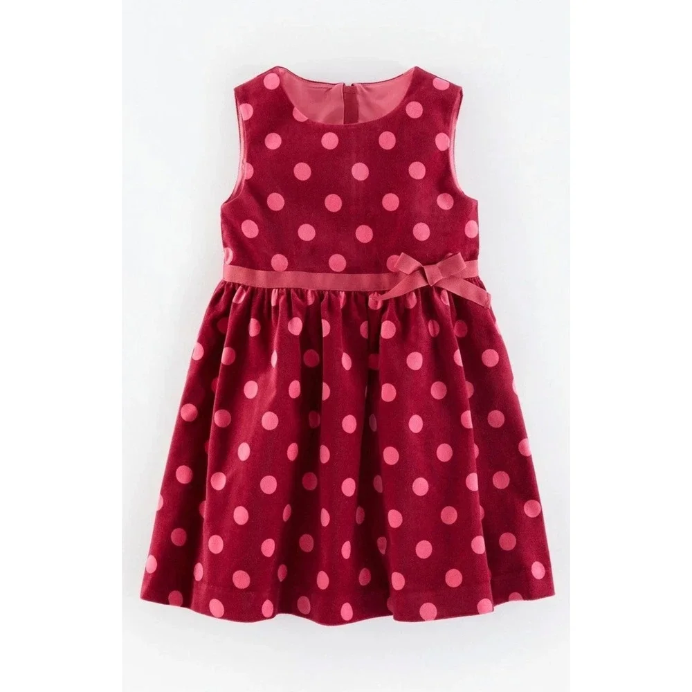 Mini Boden Girls Burgundy‎ Pink Polka Dot Velvet Dress Size 3-4Y Sleeveless Bow
